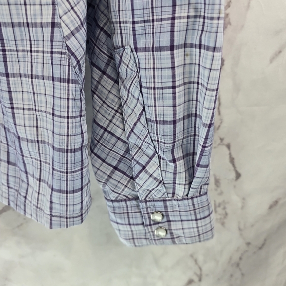 Simms Shirt Women Medium Purple Blue Button Up Long Plaid Vented Fishing Guide - Picture 8 of 10